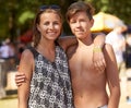 Good times together. two young friends standing beside each other at an outdoor music festival. Royalty Free Stock Photo