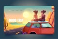 Good trip cartoon landing, girlfriends on car roof Royalty Free Stock Photo