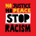 A beautiful colorful posters which use great typography, with Inspirational Quote no justice no peace stop racism