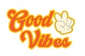 Retro style Good Vibes text design with peace hand gesture in vibrant orange and yellow. Royalty Free Stock Photo
