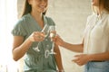 People clinking glasses with wine or champagne. Happy cheerful friends celebrate holidays, meeting. Close up shot of Royalty Free Stock Photo