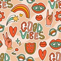 Good vibes seamless vector hippie groovy vintage seamless pattern with heart, hand, watermelon, glasses and lips.