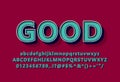 Vintage look font effect with classic typography style, teal alphabet with 3d look isolated on red background