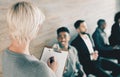 Good work has become a habit. a group of new employees having a discussion with the recruiter at an office. Royalty Free Stock Photo