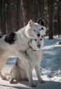 Good yakutian laika and husky in the fairy-tale winter forest. Royalty Free Stock Photo