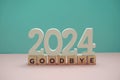 Goodbye 2024 alphabet letter on blue and pink background