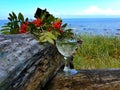 Goodbye Romantic Summer Hello Autumn  August Season Wild tree Autumn leaves and stone on  beach sand red Rowanberry  glass  fres Royalty Free Stock Photo