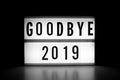 Goodbye 2019 - text on a luminous display Royalty Free Stock Photo