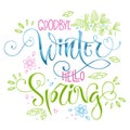 Goodbye Winter Hello Spring - quote. Spring handdrawn lettering phrase on white background