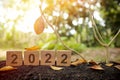 Goodbye year 2022 and autumn or fall season concept. Wooden blocks in natural background