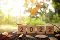 Goodbye year 2022 and autumn or fall season concept. Wooden blocks in natural background