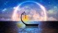 Beautiful moon on the ocean and boat fantasy in the ocean at the night sky is wonderful fantasy digital art background