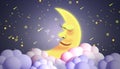 cartoon moon on soft pastel clouds, stars and clouds the violet curtain. Good night and sleep tight lullaby theme.