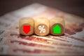 The dice show a red green arrow and the percentage of ruble Royalty Free Stock Photo