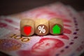 The dice show a red-green arrow and the percentage of the yuan Royalty Free Stock Photo