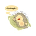 Goodnight. Sleeping hedgehog. Sticker, badge, sticky label with quote. Lovely happy cute character.