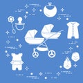 Stroller, twins, rattle, pacifier, bib, overalls.