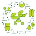 Stroller, twins, rattle, pacifier, bib, overalls.