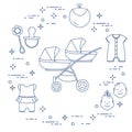 Stroller, twins, rattle, pacifier, bib, overalls.