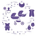 Stroller, twins, rattle, pacifier, bib, overalls