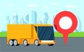 Goods and cargo delivery to desired point service. Yellow semi trailer truck logistic in modern city and geotag location