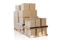 Goods cargo paper box on the pallet isolated