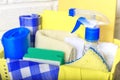 Goods for cleaning. Accessories supplies for housework and cleanliness and order. Cleaning products