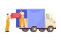 Goods Delivery with Man Carrier or Courier Working Carry Sofa Out from Lorry Vector Illustration