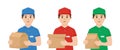 Goods delivery service. Man deliver or postman. Couriers with boxes in hands. Vector