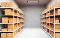 Goods packages lying on storehouse racks. Cardboard boxes on shelves Royalty Free Stock Photo