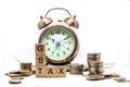 Goods and Services Tax word on Alarm clock and stacks coins