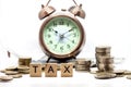 Goods and Services Tax word on Alarm clock and stacks coins on white table, Success in business Royalty Free Stock Photo