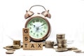 Goods and Services Tax word on Alarm clock and stacks coins on white table, Success in business Royalty Free Stock Photo