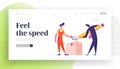 Goods Shipping and Order Service Landing Page Template. Businessman Sign Bill for Getting Parcel from Delivery Courier