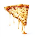 Gooey cheese pizza slice with dripping melted cheese on white background Royalty Free Stock Photo