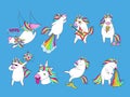 Goofy cartoon unicorns. Funny dumb magic unicorn face, failure fall and rainbow launch. Dabbing dance, fabulous rock Royalty Free Stock Photo