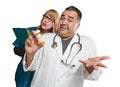 Goofy Doctor and Nurse with Prescription Bottle Isolated on a Wh Royalty Free Stock Photo
