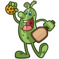 Goofy pickleball cartoon character with a big cheesy grin holding a paddle and ball