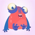 Goofy red monster with blue hands cartoon. Vector illustration.