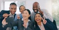 Goofy, selfie and happy business people in office for team building or bonding together. Silly, diversity and group of Royalty Free Stock Photo