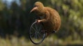 A goofylooking kiwi on a unicycle representing the kingdoms tradition of using unconventional ods to transport their