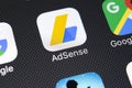 Google AdSense application icon on Apple iPhone X screen close-up. Google AdSense app icon. Google AdSense application. Social med Royalty Free Stock Photo