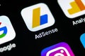 Google AdSense application icon on Apple iPhone X screen close-up. Google AdSense app icon. Google AdSense application. Social med Royalty Free Stock Photo