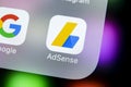 Google AdSense application icon on Apple iPhone X screen close-up. Google AdSense app icon. Google AdSense application. Social me Royalty Free Stock Photo
