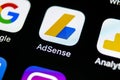 Google AdSense application icon on Apple iPhone X screen close-up. Google AdSense app icon. Google AdSense application. Social med Royalty Free Stock Photo