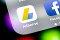 Google AdSense application icon on Apple iPhone X screen close-up. Google AdSense app icon. Google AdSense application. Social med Royalty Free Stock Photo