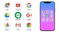 Google Apps symbols on screen iPhone. Official logotypes of Google applications symbols. Kyiv, Ukraine - April 6, 2020