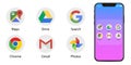 Google Apps symbols on screen iPhone. Official logotypes of Google applications symbols. Kyiv, Ukraine - April 6, 2020