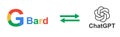 Google Bard AI vs ChatGPT AI Chatbot technology. Bard chatbot by Google. search bot with Google logo