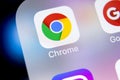 Google Chrome application icon on Apple iPhone X screen close-up. Google Chrome app icon. Google Chrome application. Social media